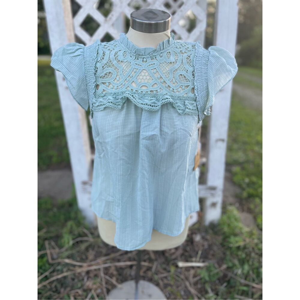 Blu Pepper Light Blue/Gray Blouse Crochet Style Small Cap Sleeve New